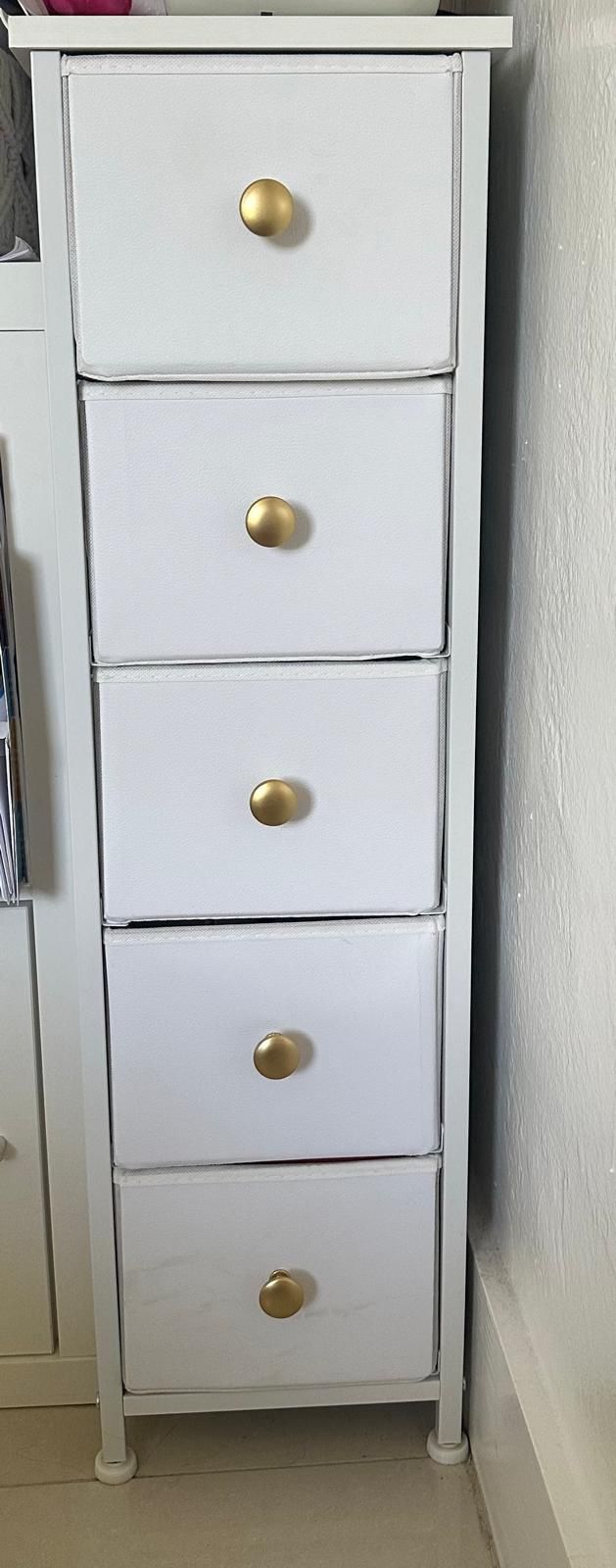 Slim 5-Drawer Storage Unit – White with Gold Knobs – PICK UP ONLY