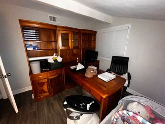 Large Wood Office Desk with Hutch Bookcase Set