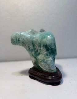 Green Jade Stone Sculpture / Chinese Scholar Stone with Wood Stand