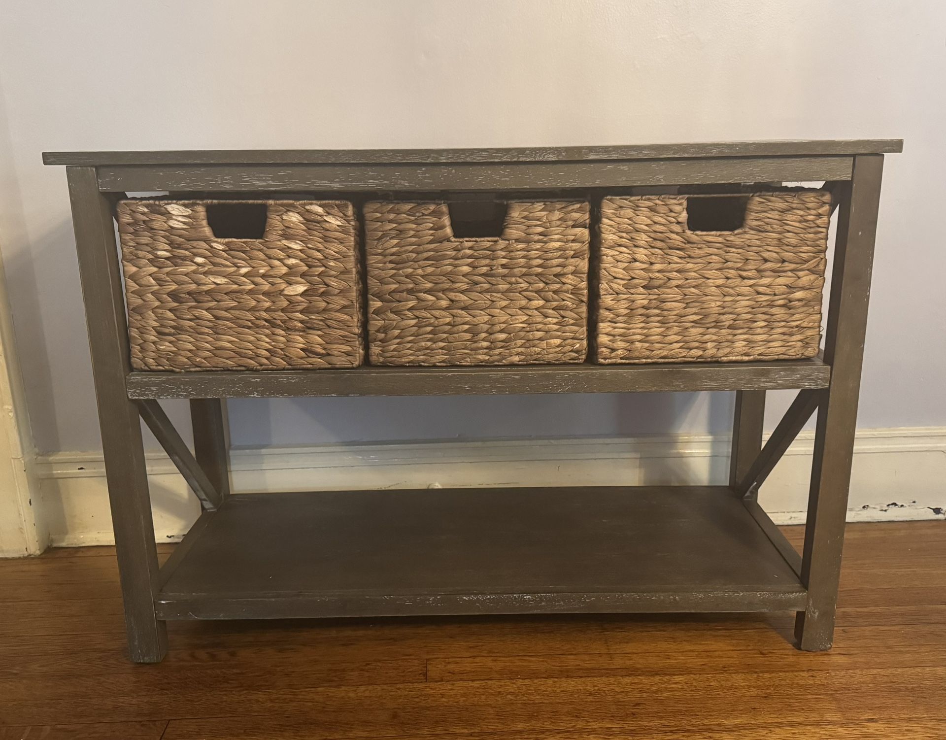 Rustic, Wooden Console Table W/ Woven Basket Storage