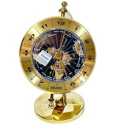 Seiko World Time Globe Desk Table Clock Gold-Tone QHG106GLH New