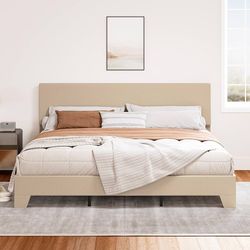 King Size Bed Frame with Adjustable Headboard, Stable Mattress Foundation, Strong Back-Support, No Box Spring Needed, Beige
