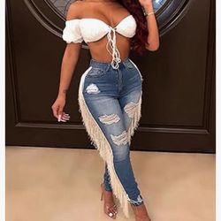 High Waist Skinny Stretch Destroyed Ripped Pencil Jeans Tassels Denim Pants size 2x/L /XL /M