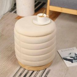 New Round Ottoman Storage Box Dutch Velvet Pouffe Footstool 15.5'' Padded Stool Seat with Wooden Base, Footrest Vanity Stool with Lids