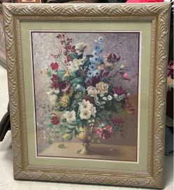 Large Vintage Floral Artwork – Ornate Silver & Gold Frame