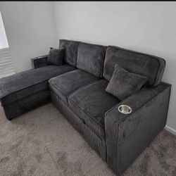 Reversible Sectional Sofa With Pull-our Bed & Storage Dark Gray Corduroy 