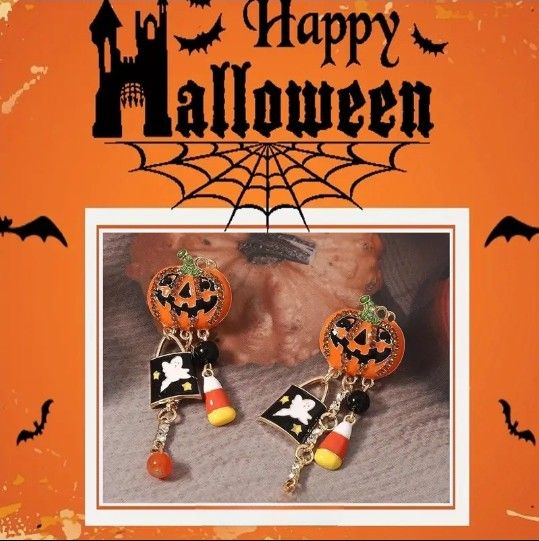 LARGE Orange enamel Pumpkin pendant dangle/drop stud earrings, rhinestones
