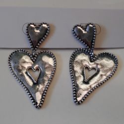 Western Double Hearts Pierced Silver Tone Dangle Earrings (New)
