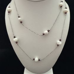 Sterling Silver Baroque Pearl & Garnet Accent Stationed Necklace ~36"