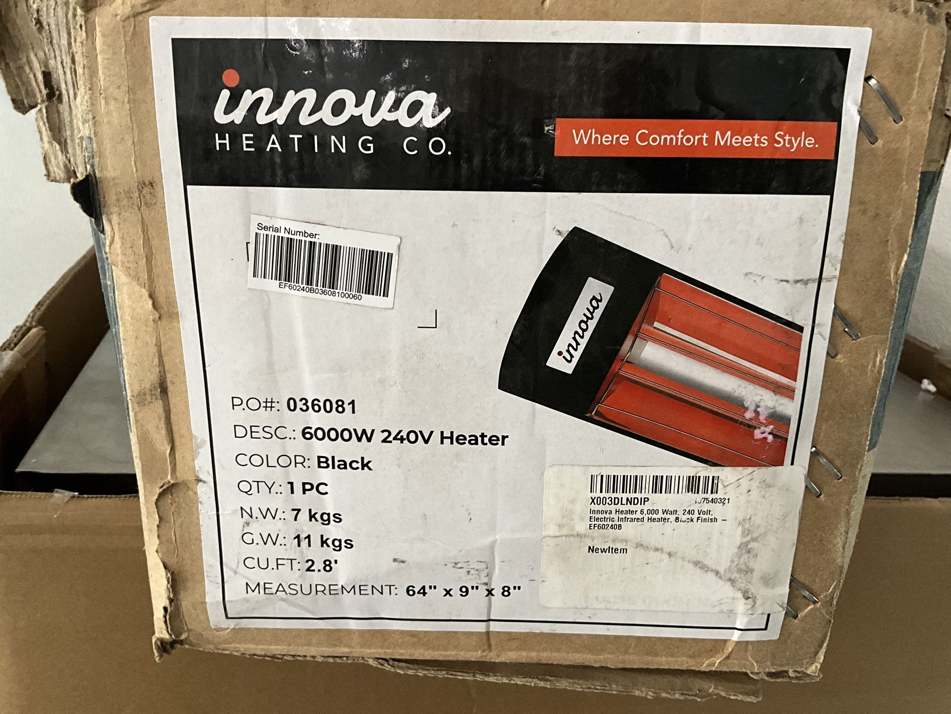 NEW INNOVA HEATER, 6000 WATT 240VOLT, ELECTRIC INFRARED , BLACK FINISH MODEL # EF60240B