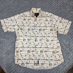 Vintage Woolrich Button Up Shirt Mens Tan Fish All Over Print Outdoor Casual