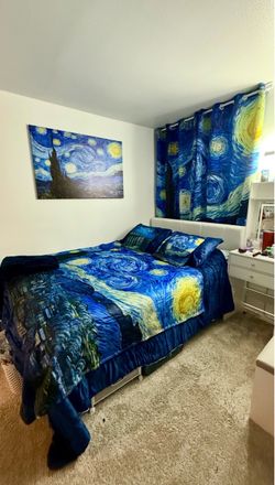 Queen Bed with base and mattress and everything on the picture