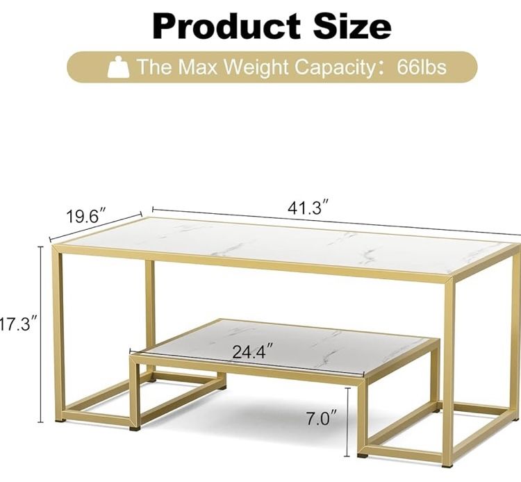 Modern Marble Coffee Table with Gold Metal Frame and Storage Shelf, 2 Tier Living Room Center Table for Home Furniture Office Decor