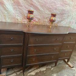 Two Pieces Wooden Dresser Set Including Long Dresser And Big Wooden Nightstand Set Has Been Stained 