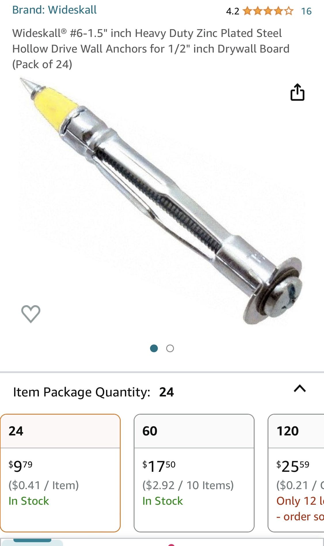 Wideskall® #6-1.5" inch Heavy Duty Zinc Plated Steel Hollow Drive Wall Anchors