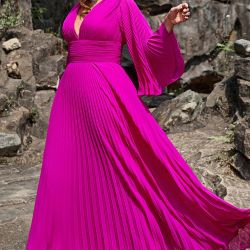 A Line Deep V Neck Dark Fuchsia Plus Size Prom Dress with Long Sleeves