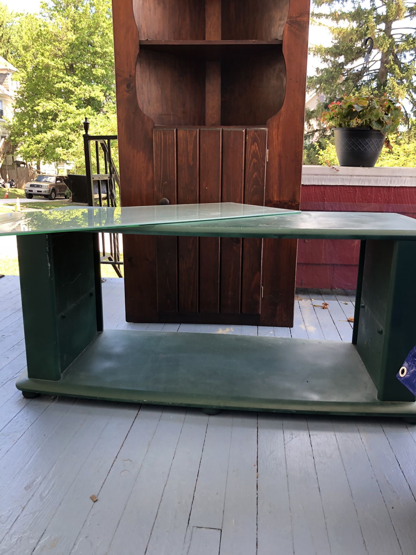 Hunter green TV stand/coffee table with glass shelves