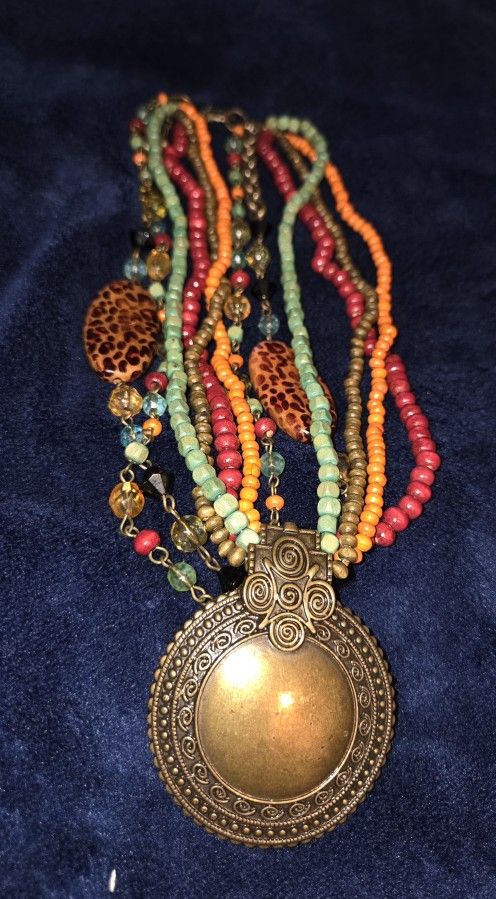 Fall Colors Necklace With Bronze Medallion 