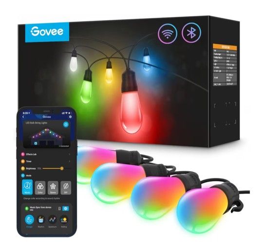 Govee Smart Outdoor String Lights H7021, RGBIC Warm White 96ft (2 Ropes of 48ft) LED Bulbs for Outdoor Decorations, WiFi Patio Lights Work with Alexa,