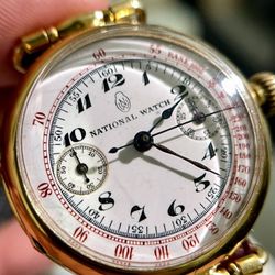 NATIONAL Watch Porcelain Plate Manual Chronograph 18k Gold Antique Watch
