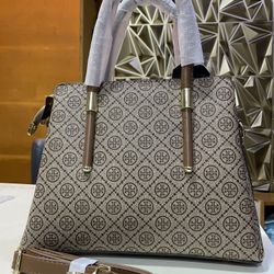 Woman’s Brown Monogram Satchel Handbag W/ Top Handles & Detachable Strap- Structured Tote Purse 