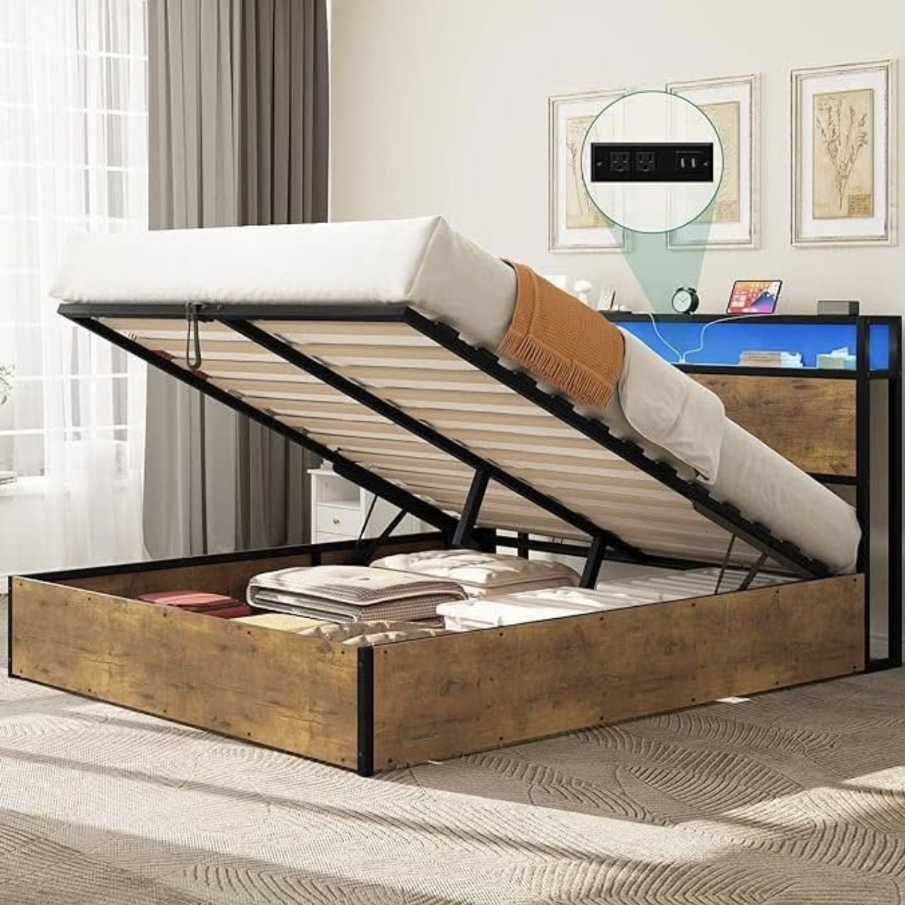 BED FRAME QUEEN SIZE WITH LIFT TOP STORAGE AND LED LIGHTING BRAND NEW IN BOX!!!