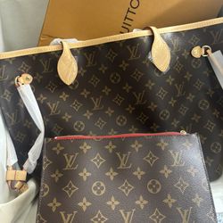  Neverfull MM Monogram Red Leather Shoulder Bag Handbag Purse Tote
