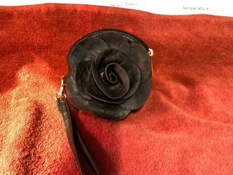 Small Black Leather Rose Clutch Bag