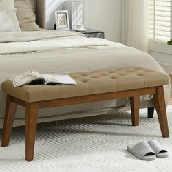43.5'' Bedroom Bench, Upholstered End of Bed Bench with Tufted Button, Padded Vintage Dining Bench, Entryway Bench with Solid Wood Legs, Kitchen