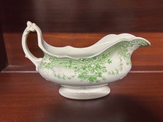 Antique Green Transferware Porcelain Gravy Boat