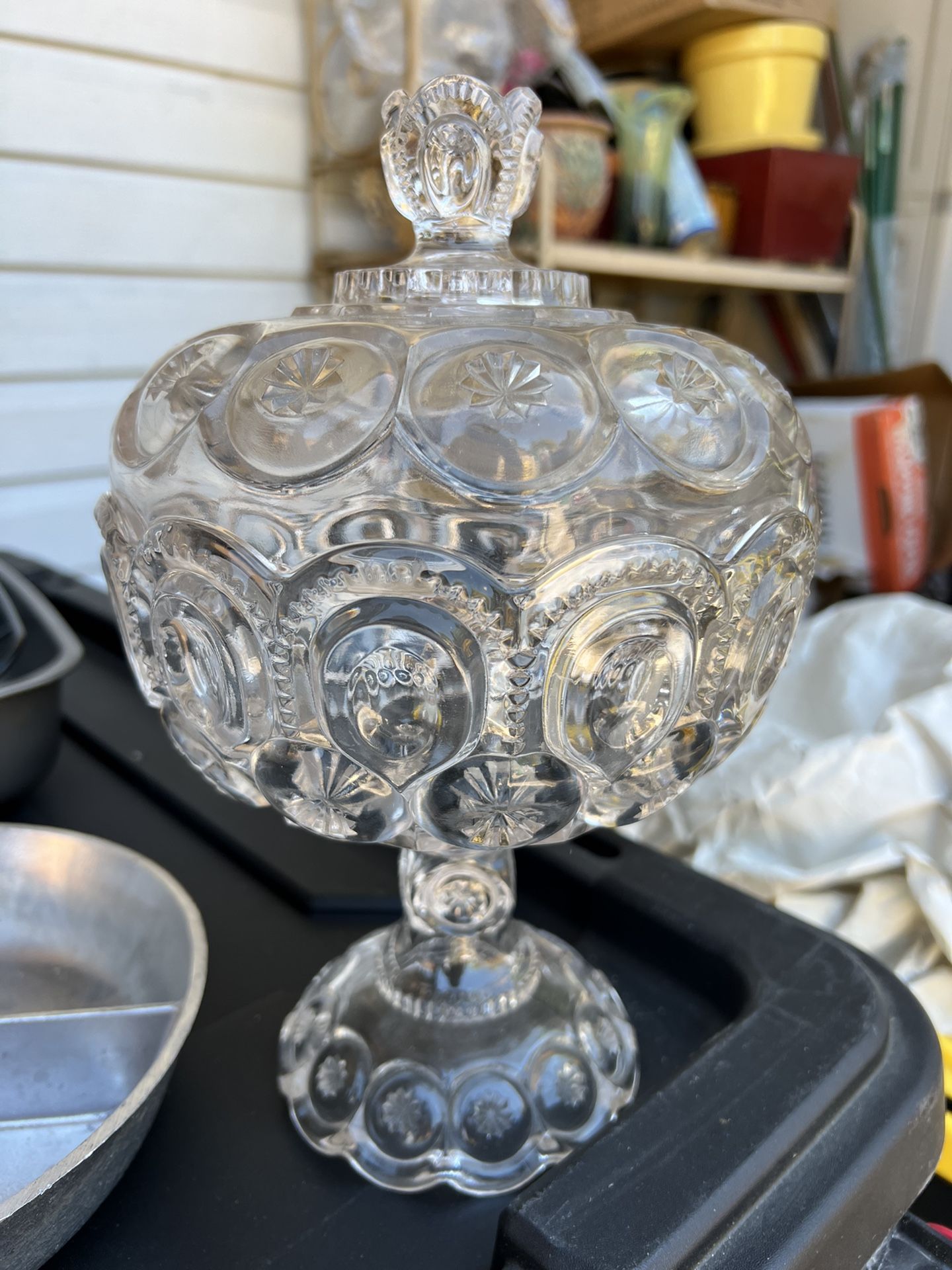 Antique Jeweled Moon & Star Compote w Lid Co-Operative Flint Glass Serving Dish