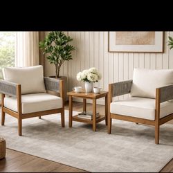 2 Pieces Beige Acacia Wood Chair Outdoor Unique Tub Design Armchair with Woven Rope Deep Seating with Soft Cushions [NEW] ** Table not Included