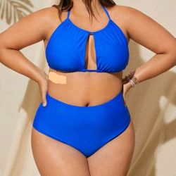 Plus Solid Halter High Waisted Bikini Swimsuit