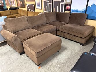 Chocolate Velvet Roll Arm Sectional w/ Storage Ottoman