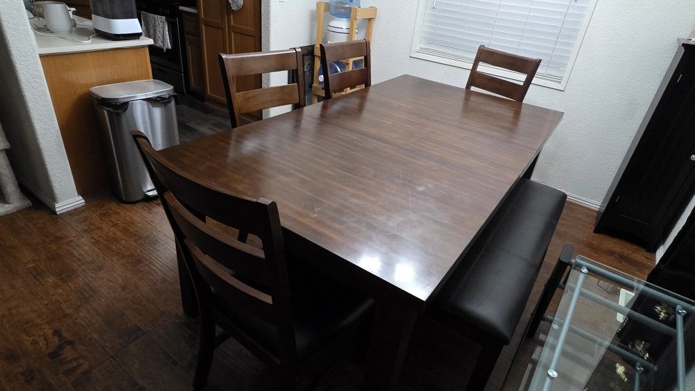 Dark Brown Extendable Wooden Table Set With 4 Chairs, Bench With Black Padding 42x78x30