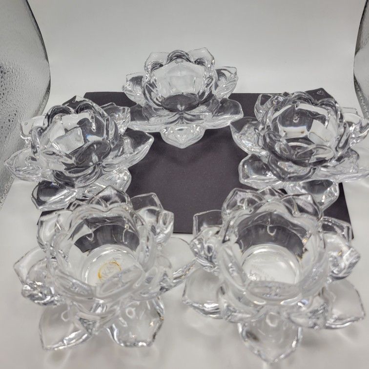 Set Of 5 Mikasa Clear Glass Lotus Flower Votives Candle Holders 2.5"x5"
