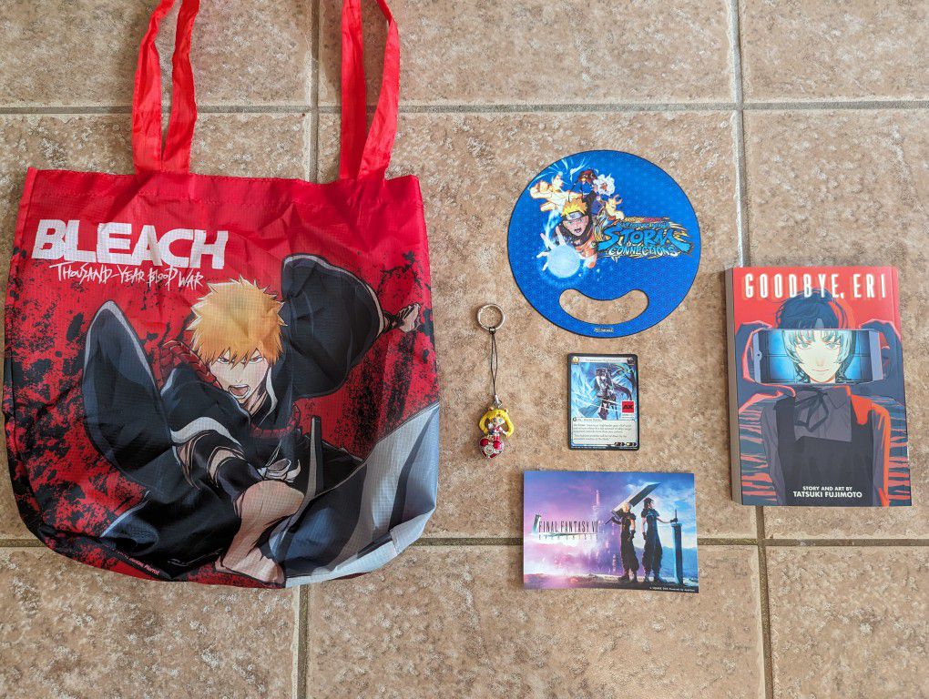 Anime Expo 2023 Bleach Thousand Year Blood War Bag With Naruto Fan, Imperious Highlander Card, Final Fantasy 7 Post Card, Sailor Moon Key Chain, Manga