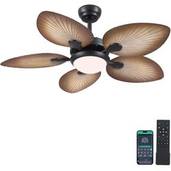 Tropical Ceiling Fans with Lights and Remote/APP Control, 44 Inch Palm Leaf Ceiling Fan with LED Lights, Outdoor Ceiling Fans for Patios Porch, Revers