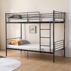 VINGLI Twin Over Twin Metal Bunk Bed Frames with Stairs and Flat Rungs Black
