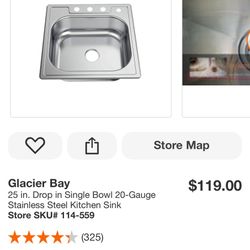 Glacier Bay 25 in. Drop in Single Bowl 20-Gauge Stainless Steel Kitchen Sink $85
