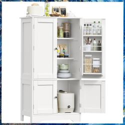 White 43" 4-Door Kitchen Storage Cabinet Pantry With Adjustable Shelves, New. Unassembled.