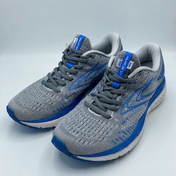 Brooks Glycerin 19 in the "Quarry/Grey/Dark Blue" colorway. These are neutral, plush daily trainers designed for high-performance road running with ma