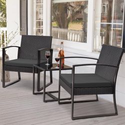 New 3-Pieces Modern PE Rattan Chair Patio Furniture Conversation Sets Patio Set Bistro Set for House Porch Garden Backyard Outdoor New in box T LCRC