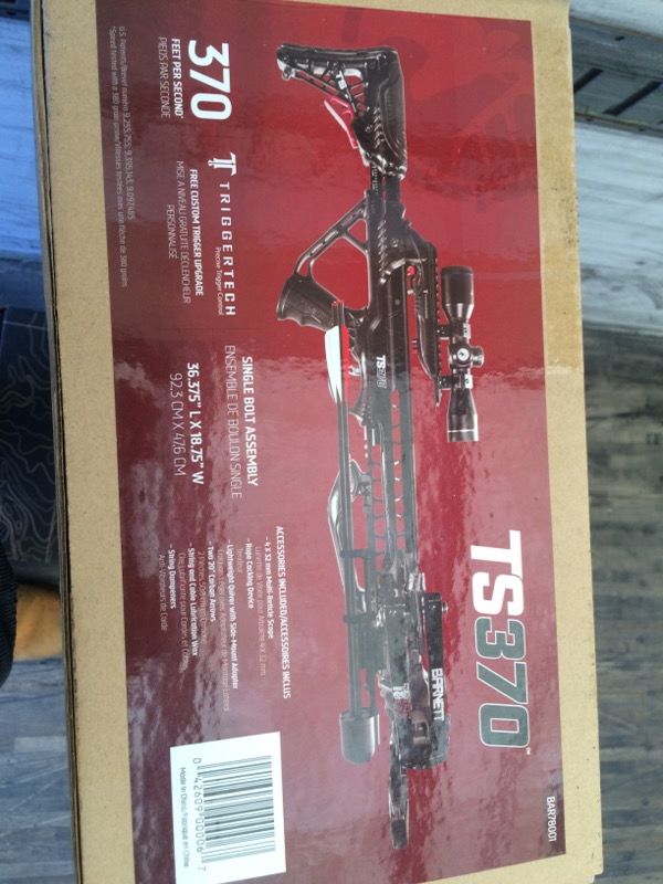 Brand new in the box Barnett TS370 crossbow package comes with scope quiver arrows and cocking string 300obo text {contact info removed}