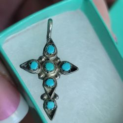 Child's Or Young Ladies Sterling Silver Sleeping Beauty Turquoise Cross 