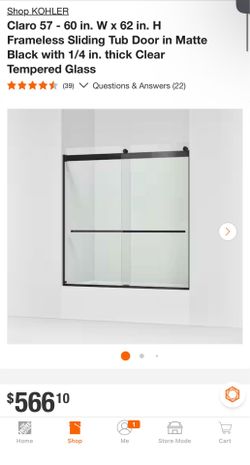 Claro 57 - 60 in. W x 62 in. H Frameless Sliding Tub Door in Matte Black with 1/4 in. thick Clear Tempered Glass