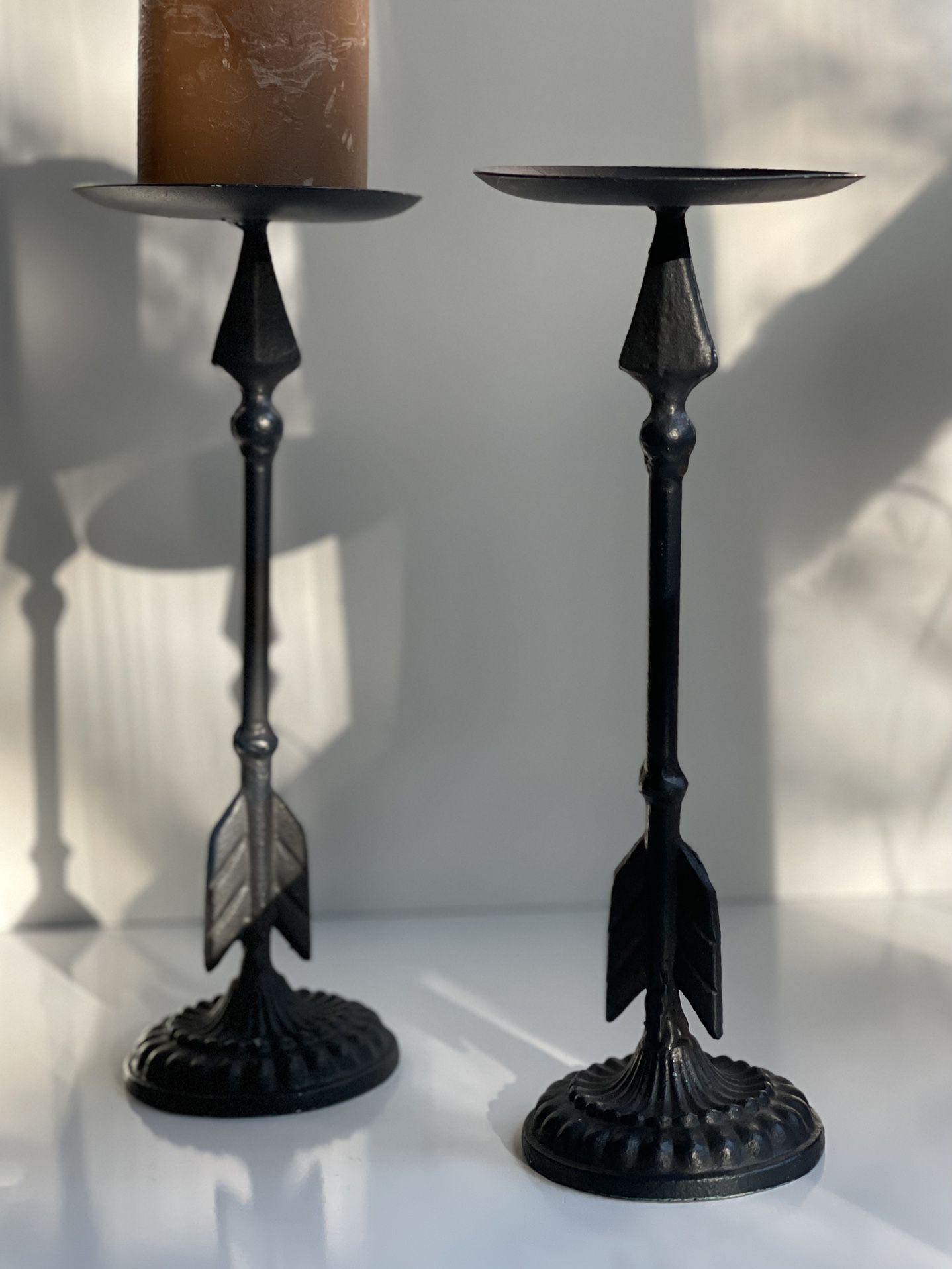 Vintage Slender, Sleek & Heavy Cast Iron Arrow Head Pillar Candle Holders Pair / Set. 11.5” H