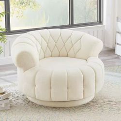 Oversize Swivel Accent Chair with Base,Chenille 360°Round Sofa Barrel Swivel Chair for Living Room,Bedroom,Easy to Assemble (Beige)