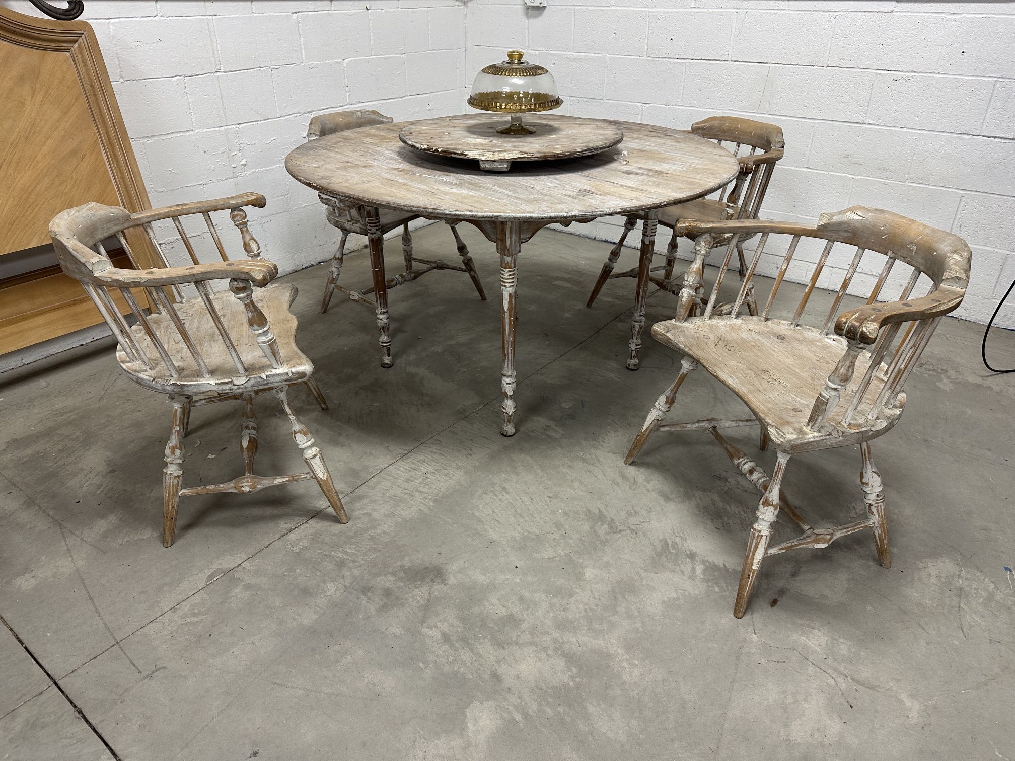 Antique Farmhouse Bleached White Shabby Chic Lazy Susan Dining Table Set & 4 Duckloe Bros Colonial Barrel Back Windsor Low Back Dining Chairs