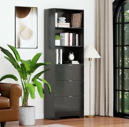 Black Industrial Bookshelf with Drawers 6 Tier Tall Bookcase, Living Room/Office/Bedroom